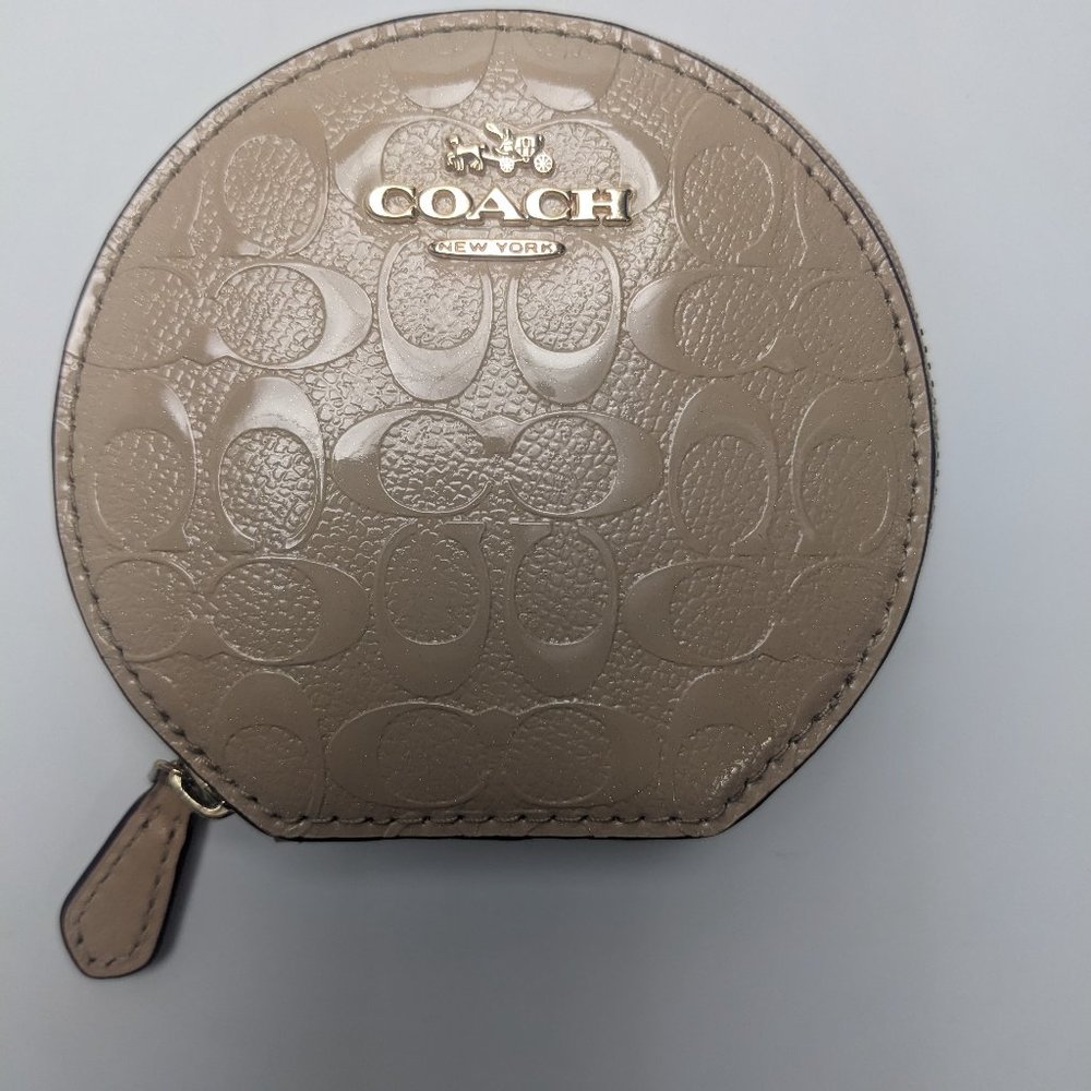 COPY - PRE-OWNED COACH ROUND COIN PURSE SIGNATURE DEBOSSED PATENT LEATHER